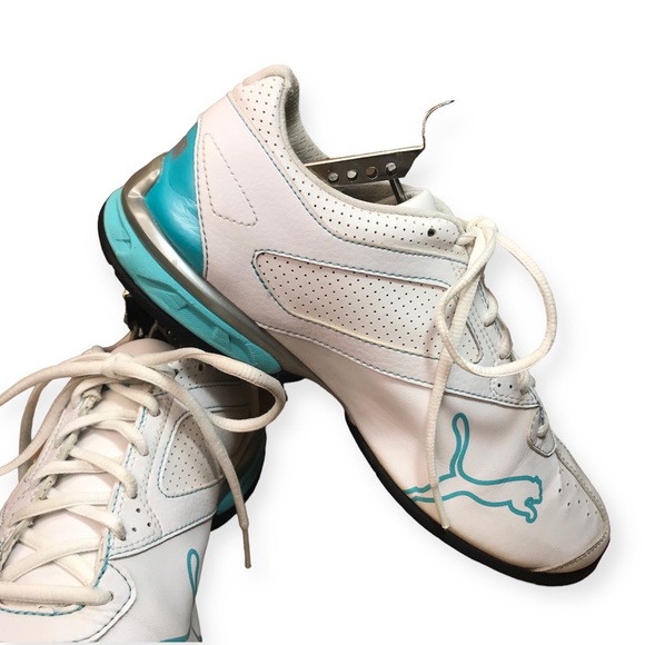 Puma White Turquoise Silver Leather Running Shoes Size 9 - Picture 3 of 16